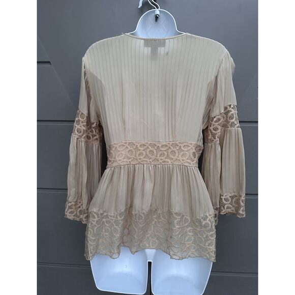 Y2K INC Silk Babydoll Blouse Pleated Bell Sleeves Lace Trim Coquette Romantic 2 - Picture 7 of 9